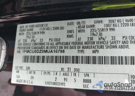 2021 Ford Escape Titanium Hybrid from USA, damaged, VIN 1FMCU0DZ0MUA16798